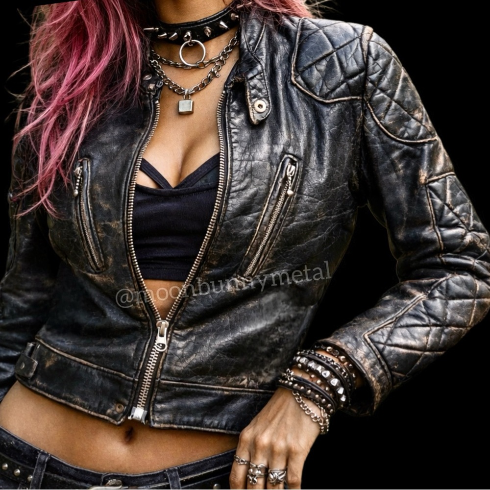 Vintage Distressed Quilted Leather Jacket Moto Biker Grunge Goth Punk XS Patina - Picture 2 of 9